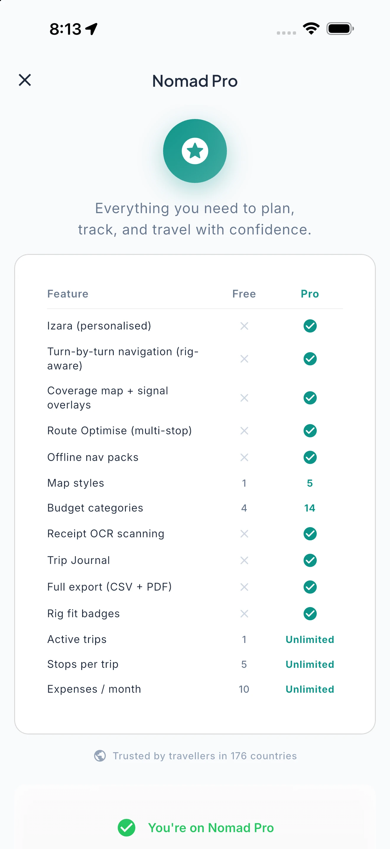 The Ready2Roam Nomad Pro screen: Free and Pro side by side
